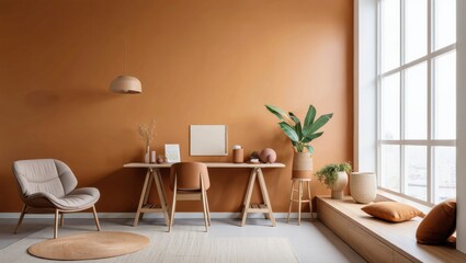 Modern interior design featuring a cozy workspace with warm orange walls, plants, and natural light