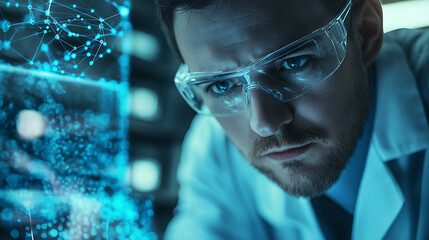 A machine learning scientist applying AI to drug discovery, research lab with AI tools and pharmaceutical data visible, High-tech style