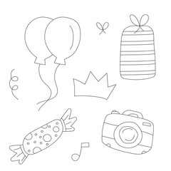 Outlined Birthday Party Clipart: Hand-drawn Birthday Decorations: Cartoon Birthday Doodles