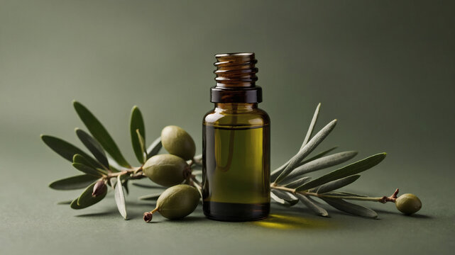 Olive oil essence: a natural elixir in a glass vial, complemented by the fresh, green vitality of olive branches and fruit.