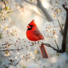 Red Cardinal Bird in Spring Blossoms