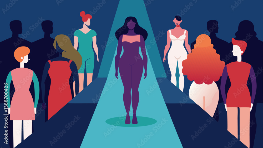 Poster fashion show comparison a runway scene featuring models of various body types with the audience look