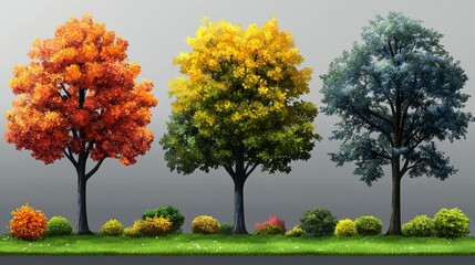 Naklejka premium Colorful trees, autumn foliage, ground bushes, on grass against a gray backdrop