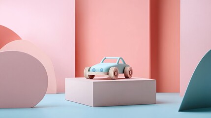 Pastel toy car on geometric display