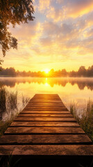 wooden pier extends over tranquil lake at sunrise, creating serene atmosphere