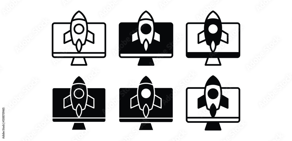 Poster startup icons rocket launching from computer screens vector design