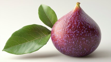 Single fig with leaves. Purple fruit, light speckling