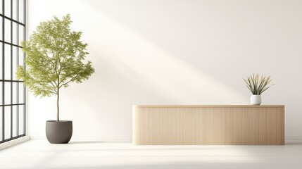 A light-toned wood counter is the focal point, situated in a minimalist room. A small potted plant sits atop it, complemented by a larger potted tree near a window. The image is high-quality, with s