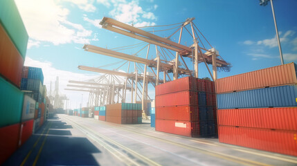 Naklejka premium Stacked shipping containers at port representing global trade and logistics, concept of import export business and international commerce.