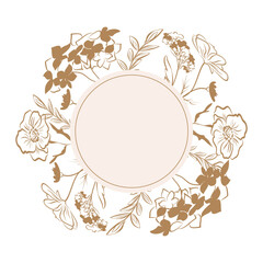 Vintage Hand-Drawn Floral Wreath with Delicate Flowers and Leaves in Soft Brown. Ideal for Wedding Invitations, Greeting Cards, Logos, Branding, and Elegant Decorative Designs
