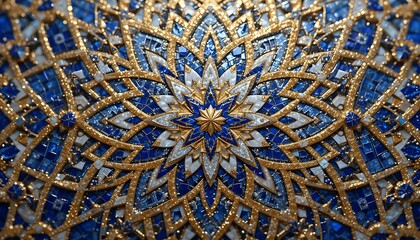 Intricate Floral Mosaic Tile Pattern in Blue Gold and White