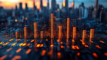 Data charts glow before a blurred cityscape at dusk, creating a digital landscape