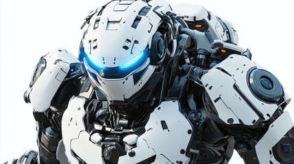 Close-up of a futuristic white robot with glowing blue eyes. (2)