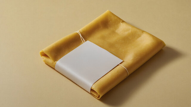Wrapped Item: Neatly folded package bound with string and adorned with a neutral label, presented on a soft background.