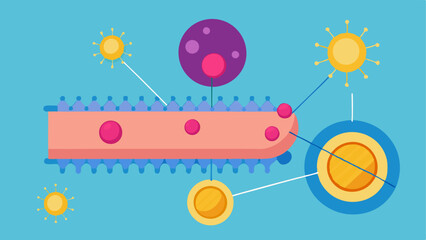 Obraz premium Microscopic View A zoomedin view of nanoparticles interacting with skin cells showcasing how they bind to the cell membranes and facilitate absorption.
