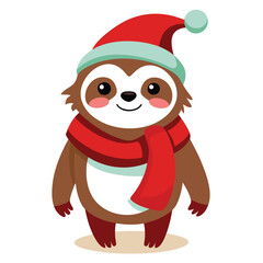 cute sloth wearing scarf and Santa hat on white background