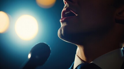 Close up of a politician's face intensely speaking into a microphone during a press conference, illuminated by spotlights, conveying the gravity and fervor of their message