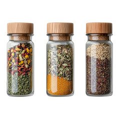 Isolated transparent png Colorful spices in glass jars with wooden lids.