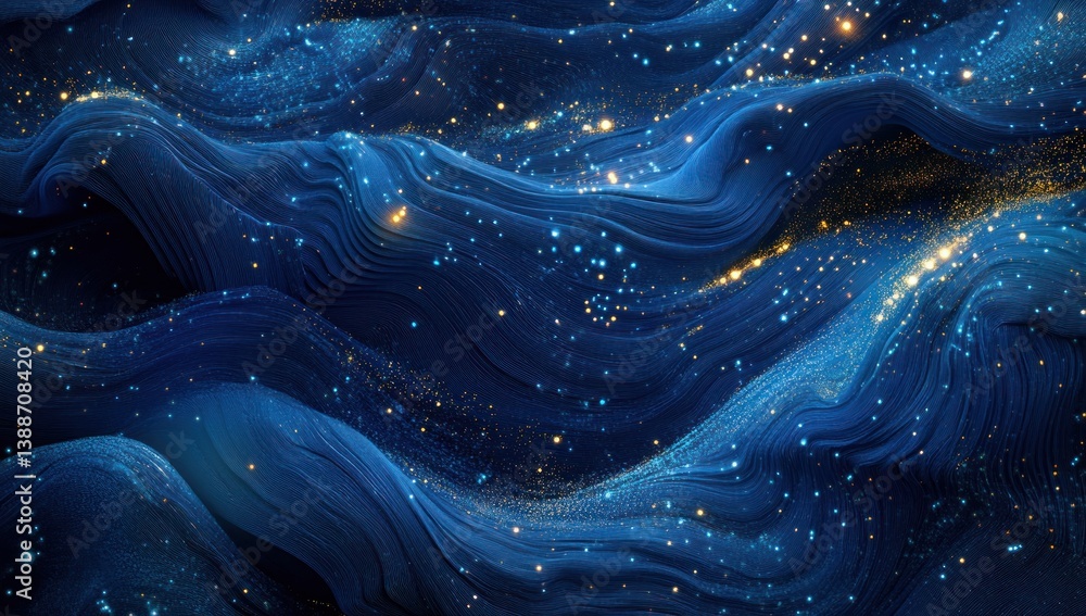 Wall mural abstract blue and gold flowing patterns with glittering particles