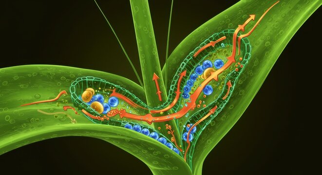 Detailed Illustration of Phloem Transport in Plants: A Visual Guide to Cellular Processes and Nutrient Translocation