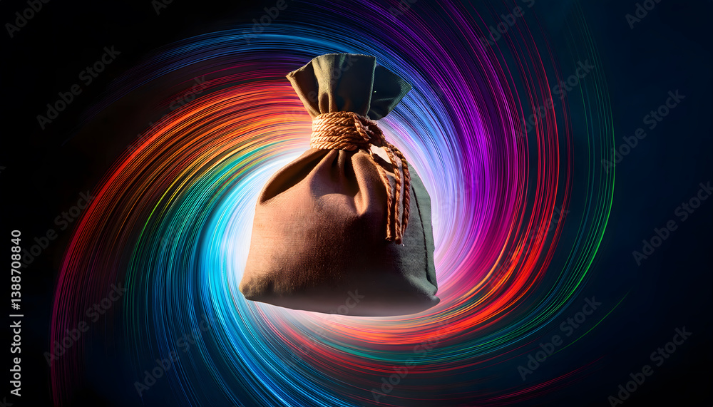 Aufkleber a mysterious bag floating in a swirling colorful vortex, creating a sense of intrigue and fantasy