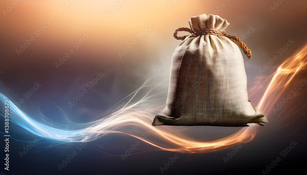 Fototapete A textured fabric bag against a gradient background, with flowing light trails creating a dynamic visual effect