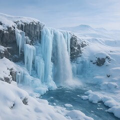 A breathtaking view of a frozen waterfall nestled within the vast, icy expanse of the Arctic tundra. The scene captures the raw beauty of nature