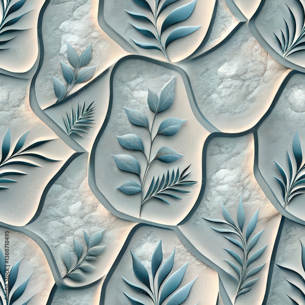 Poster seamless pattern, a textured pattern featuring layered leaves in serene colors, creating a calming a