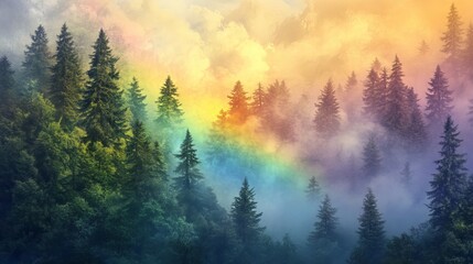 87.A peaceful, mist-covered forest with a faint rainbow emerging from the fog, gently illuminating the surrounding trees and creating a tranquil atmosphere of natural beauty and renewal after rain.