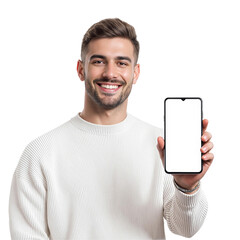 Smiling man in white sweater holding smartphone with blank screen