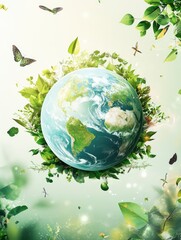Earth Globe Surrounded by Green Leaves and Butterflies Symbolizing Ecology