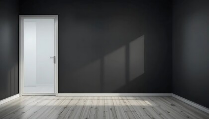 An empty modern room with dark walls, a light wood floor, and an open doorway