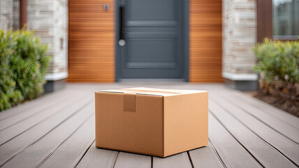 Cardboard box on wooden doorstep with modern house background