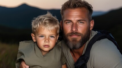 Fototapeta premium Father and son in nature, enjoying a moment