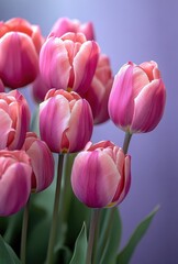 Fototapeta premium A bouquet of pink tulips is arranged in a vase