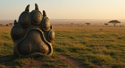 Serengeti Sunrise: A Giant Paw Sculpture in the African Savanna