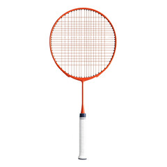 Vibrant orange badminton racket sharply angled against bright white background.. AI Generated