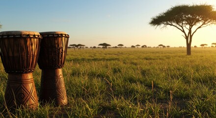 Obraz premium African Savanna Sunset with Two Djembe Drums at Golden Hour