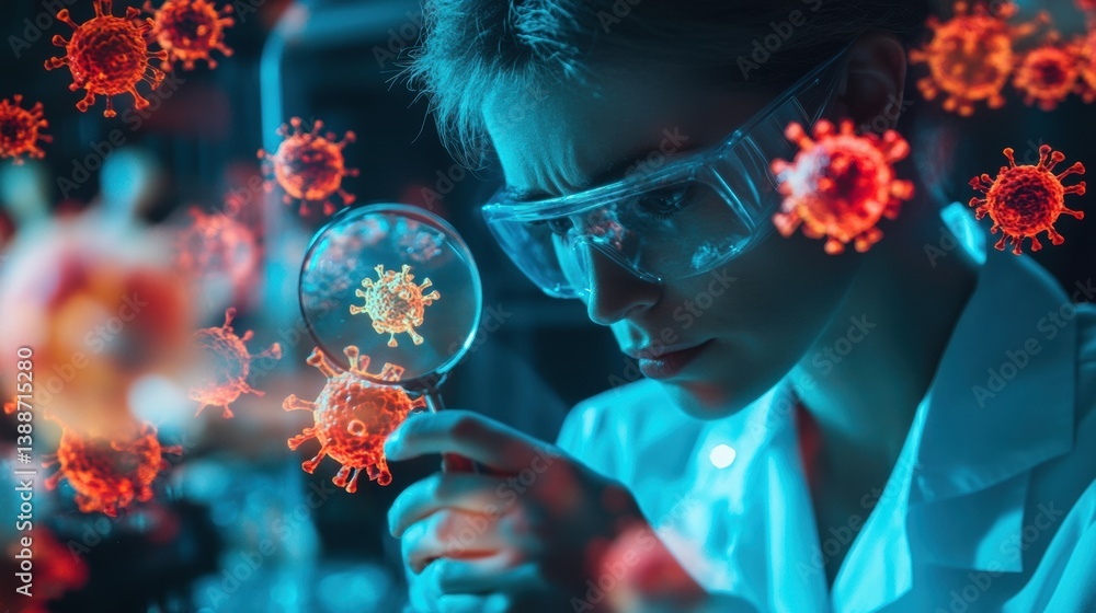 Poster scientist examines floating virus model in advanced virology lab with holographic molecular projecti