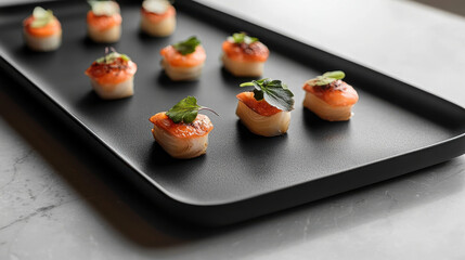 Delicious finger foods arranged on sleek black tray, showcasing elegant presentation and vibrant colors
