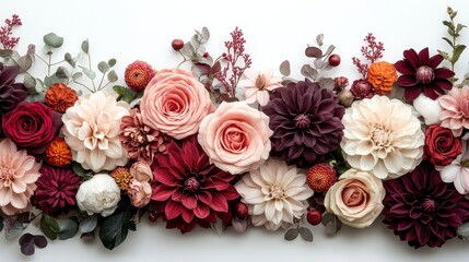 Floral arrangement with roses, dahlias, leaves, and berries on a white background
