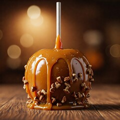 A caramel apple with nuts on it