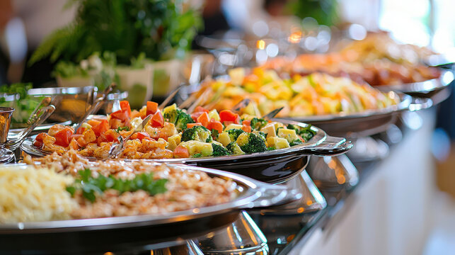 Elegant catered buffet setup featuring colorful dishes, fresh vegetables, and variety of cuisines, creating vibrant dining
