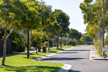 A quiet suburban street featuring lush green trees lining both sides of the asphalt road and...