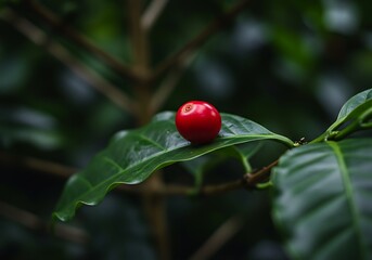 Fototapeta premium Single Coffee Cherry on a Green Leaf in the Rainforest