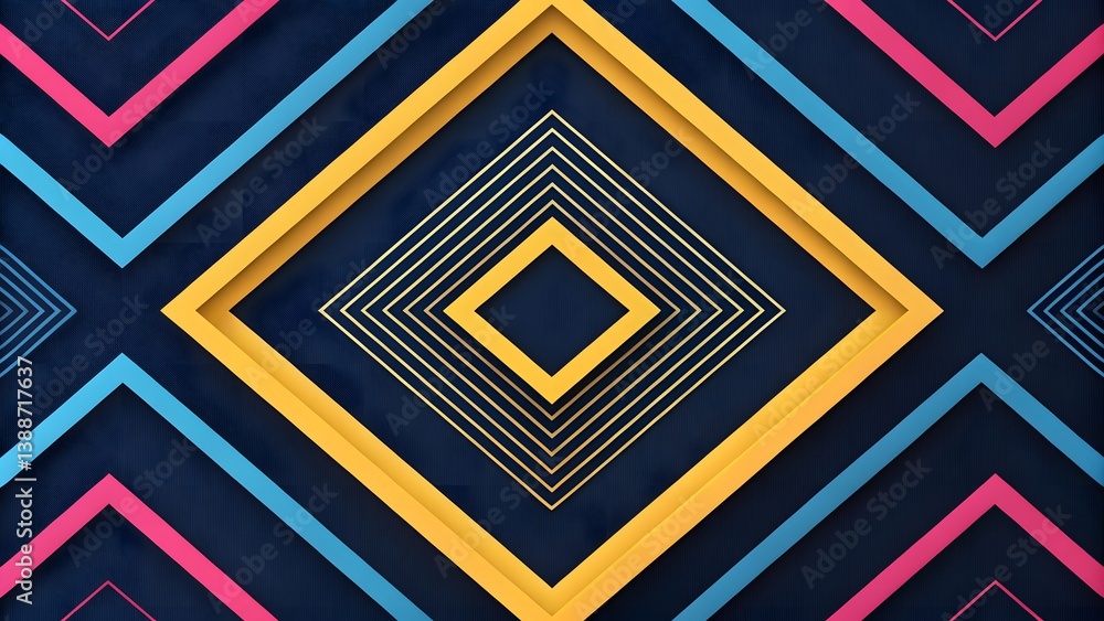 Poster vibrant nested squares dance on a deep blue canvas, creating a dynamic and playful geometric pattern