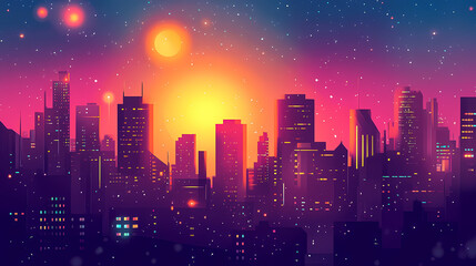 Retro city illuminated by a celestial body or energy source. Celestial Vanish. Illustration