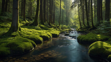 Fototapeta premium Peaceful Forest with Clear Stream and Lush Greenery