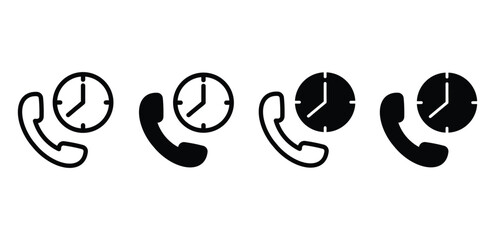 Call Timing Icons Set Clock and Phone Symbols Black and White Color Vector Design