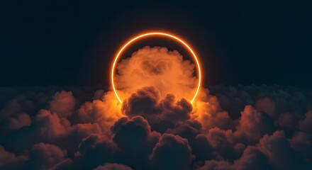 3d render, abstract cloud illuminated with neon light ring on dark night sky. Glowing geometric shape, round frame